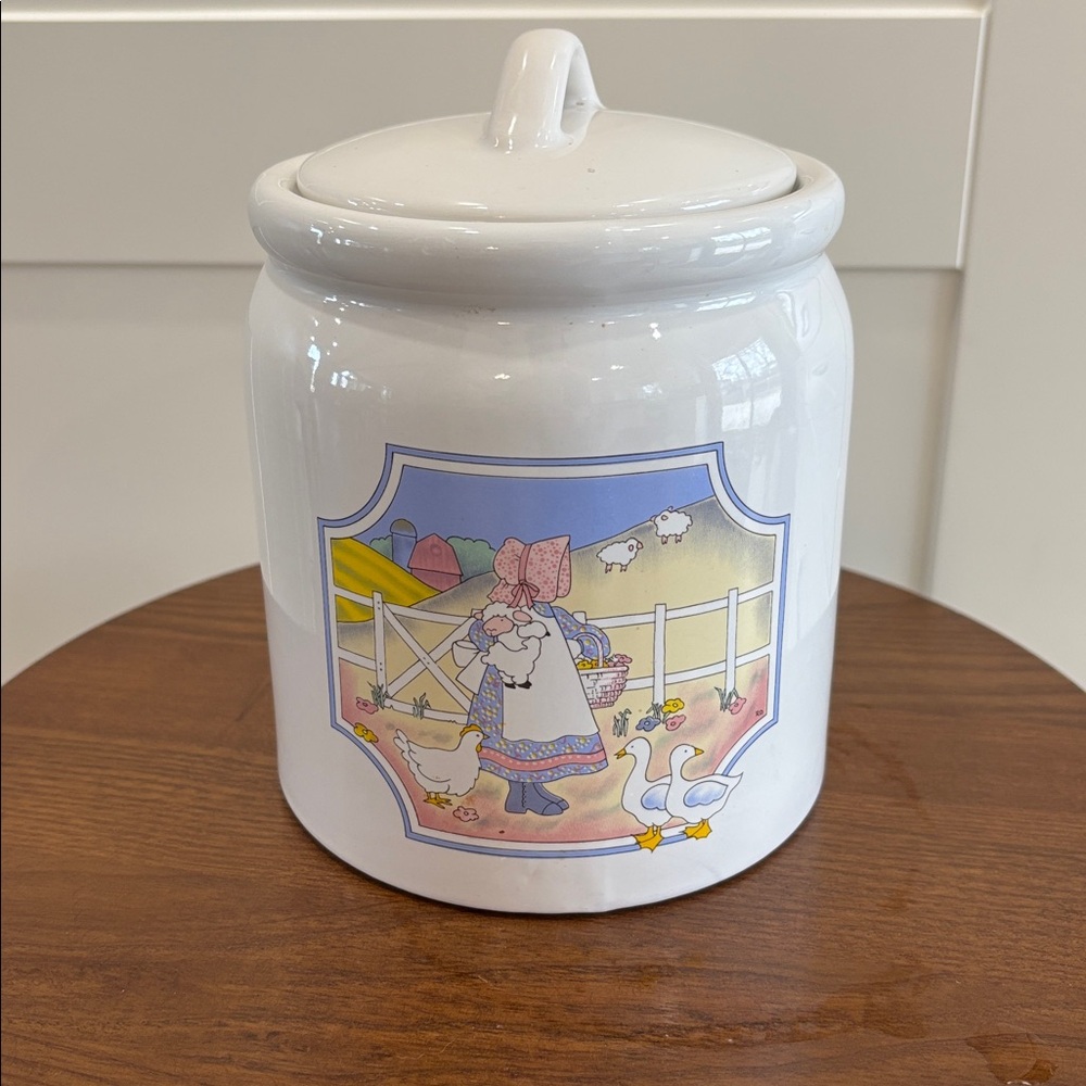 Vintage White Ceramic Canister Jar with Pastel Farmgirl Scene- small size